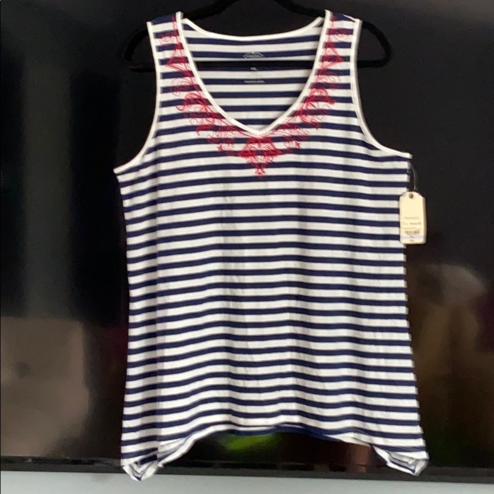 HORIZONTAL STRIPES V-NECK  SLEEVELESS TUNIC TOP EMBROIDERED NECKLINE